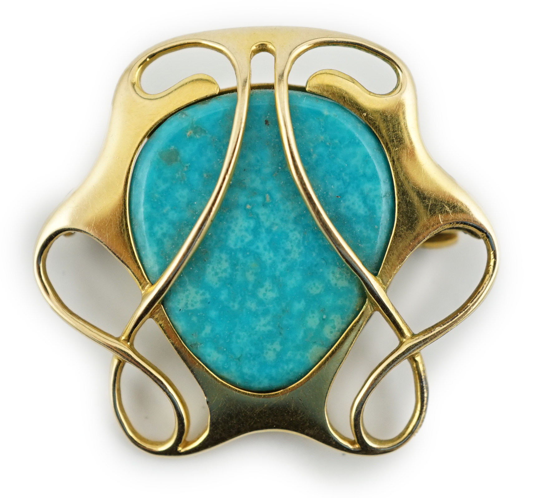 An Edwardian Art Nouveau gold and turquoise set brooch, by Murrle Bennett & Co